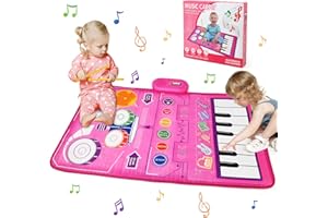 LinStyle Jeu Musical bébé 1 an,Tapis de Danse&Tambour 2 en 1,Tapis de Jeu avec Batterie de Jazz et Claviers de Piano,Jouet Enfant Pliant Portable, Educatif Cadeau Filles 1 2 3 Ans (Rose 80*50)