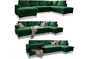 Cord Sofa U Form mit Schlaffunktion - Ecksofa mit Schlaffunktion und Bettkasten, Wohnlandschaft U Form, XXL Couch U Form, Big Sofa XXL, Eckcouch mit Schlaffunktion und Bettkasten, (Sofa Grün Rechts)