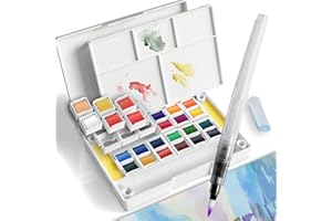 PENCILMARCH Ezigoo Watercolour Paint Set Professional Painting Suppliers Kit in Portable Travel Box 24 Half Pan with 1 Water Brush & 2 Sponge & A Mixing Palette for Artists, Students, Hobbyists, Adults, Children
