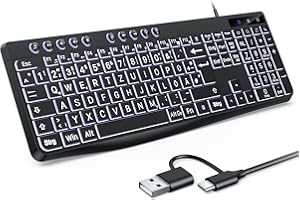 ‎OMOTON OMOTON Beleuchtete Tastatur, Kabel PC Tastatur, QWERTZ Weiß Beleuchtet mit großem Druck, 2 in 1 USB A/C- Für Senioren, Kinder, Sehbehinderte für Windows mit Multimedia-Tasten