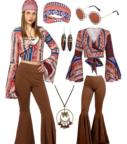 Hippie Kostüm Für Damen 60er/70er Jahre – Gelbe Schlaghose & Bunte Blumen-Bluse, Größe XS Bis XL