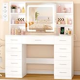 YUNSCEND Makeup Vanity with LED, Glass, Jewelry Tray for Drawer | Large Makeup Table with Sliding Mirror, 11 Drawers and 9 Sh