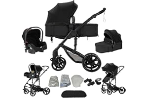 Veitoalioy Poussette 3 en 1, Haute vue Poussette Bebe Pliante, Poussant Avant Et Arrière En aluminium, Système De Voyage Pour Bébé (588 Noir)