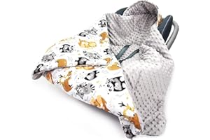 MillaLu Hooded CAR SEAT PADDED BABY BLANKET Reversible Cotton / Minky * COVER COSYTOES PUSHCHAIR (Forest Family Grey Cuddle Plush)
