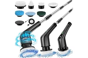 CUNSIEUN Spazzola per Pulizia Elettrica, Spazzola per Pulizia Senza Fili con Manico Lungo Regolabile a 2 Velocità con 7 Testine Sostituibili per Vasca da Bagno, Pavimento, Piastrelle, Cucina,Colore: Nero