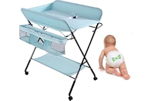 RELOVE Fasciatoio Pieghevole per Neonato con Struttura Stabile,Fasciatoio per Bambini, Salva Spazio, per Cambio Pannolino,4 ruote con freno,Fasciatoio Portatile con Scomparti Portaoggetti (80*66*98cm-Blu)