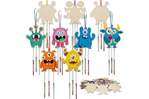 WEDNOK 9 Pack Monster Wind Chime Kit for Kids Make Your Own Monster Wind Chime Wooden Arts and Crafts for Girls Boys DIY Painting for Halloween Art Activity Halloween Party Decoration