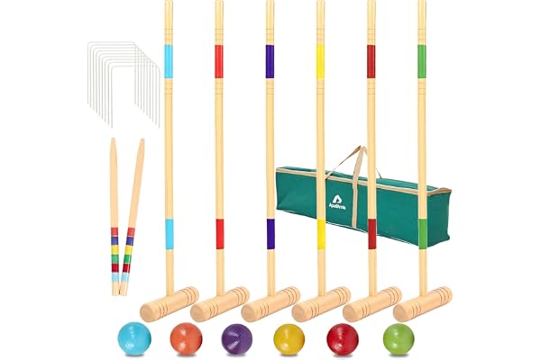 ApudArmis 81 cm Sexspelartors Croquet-set med Deluxe Premium Furuträslag, Färgad Boll, Wickets, Stake - Trädgårdsbakgårdsspel för Vuxna/Tonåringar/Familj (Stor Bärväska Ingår)