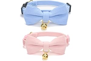 YUDOTE Ultra-weiches Halsband aus natürlichem Baumwollcord für Katzen mit empfindlicher Haut, leichtes Kätzchenhalsband mit Schnellverschluss und Abnehmbarer Schleife, Hellblau,Fflieder, 2er Pack