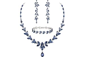 Ever Faith Austrian Crystal Bridal Bridesmaid Jewelry Sets, Elegant Marquise Rhinestone Leaf Necklace Dangle Earrings Tennis Bracelet Set for Women