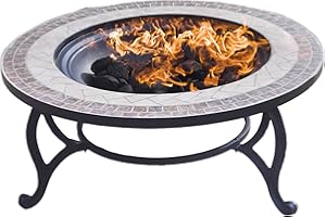 TRUESHOPPING 3 in 1 Outdoor Fire Pit, BBQ and Coffee Table Star Tiled Iron 76cm Charcoal BBQ Firepit Beacon with BBQ Grid, Mesh Cover Lid, Protective Weather Cover and Fire Poker
