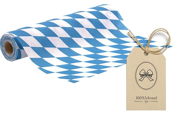 100%Mosel Oktoberfest Bordslöpare, Blåvitrutig, Rulle 30 cm x 10 m | Bordsdekoration med bayersk ruta; för ölfest, oktoberfestparty och bayersk temafest; klipps enkelt till önskad längd