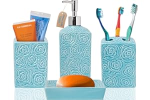 COMFIFY Set di 4 accessori da bagno di design - Set da bagno in ceramica con dispenser per sapone liquido o lozione, portaspazzolino, bicchiere e portasapone - Set decorativo con dettagli in rilievo -