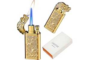 CYJBAO Relief Dragon Dual Flame Lighter - Windproof Adjustable Jet Flame and Soft Flame, Refillable Butane Lighter for Candle, BBQ, Kitchen, Camping(Without Butane)-Gold