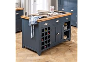 The Furniture Market Westbury Blue Painted Large Kitchen Island – Solid Oak & Black Granite Top – 3 Drawers, Wine Rack & Storage Shelves – Elegant Brushed Steel Handles - H 865mm x W 1400mm x D 670mm
