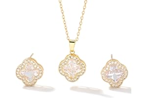 GKAOPI Jewellery Set for Women Clover Gold Plated Sterling Silver Necklace Stud Earrings Jewellery Set Settings Sparkling Cubic Zirconia Diamond Cut Crystal Jewelry Gift for Girls