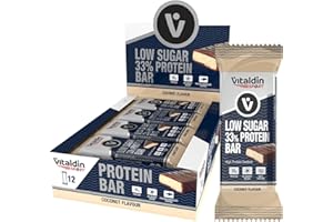 VITALDIN SPORT Low Sugar 33% Protein Bar Coco – 12 Barritas Proteicas x 45 gr; sabor Coco – Barrita Alto Contenido en Proteína y Bajo en Azúcar – Sin Azúcares Añadidos