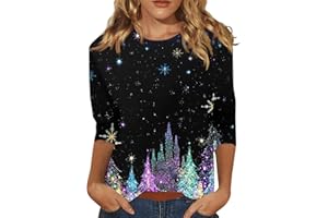 ZHENDEGL Weihnachtsshirt Damen 3/4 ÄRmel Lustig Weihnachtsbluse Glitzer Rundhals Weihnachtsbluse T Shirt Casual Oversized Festival Oberteile