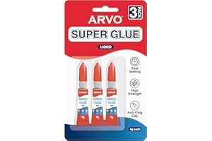 ARVO Super Glue Liquid 12g (Pack of 3 x 4g) – All-Purpose Fast-Drying Adhesive with Impact Tough Bond & Anti-Clog Cap for Metal, Ceramics, Leather and More