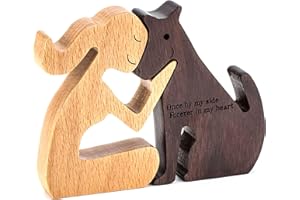 NUACOS Handgefertigte Hundestatue Holz Hundeliebhaber Geschenke Holzskulptur Hundefigur Frau und Hund Minimalistisches Dekor für Schlafzimmer, Heimbüro, Regal