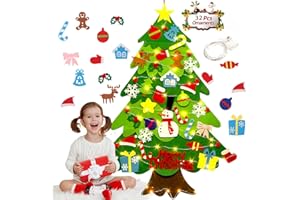 AVVIKRO DIY Felt Christmas Tree Set - 32 PCS Ornaments 3.2 FT Tall Wall Hanging with 20 LED String Lights for Toddlers Kids Xmas Gifts Home Door Wall Decoration (Merry Christmas)