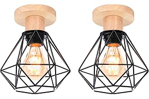 iDEGU Lot de 2 Lustre Plafonnier Industriel Métal Bois Suspension Luminaire Style Cage Géométrique Mini Éclairage E27 Lampe de Plafond Vintage pour Couloir Entrée, Noir, Ø 16cm (Plafond)