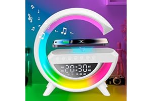 BatdTech Lampe de chevet LED avec Fonction de Charge, Lampe d'ambiance Chargeur Sans Fil 15 W, Lampe de Table LED avec Haut-parleur Bluetooth, Veilleuse à intensité Variable, Réveil