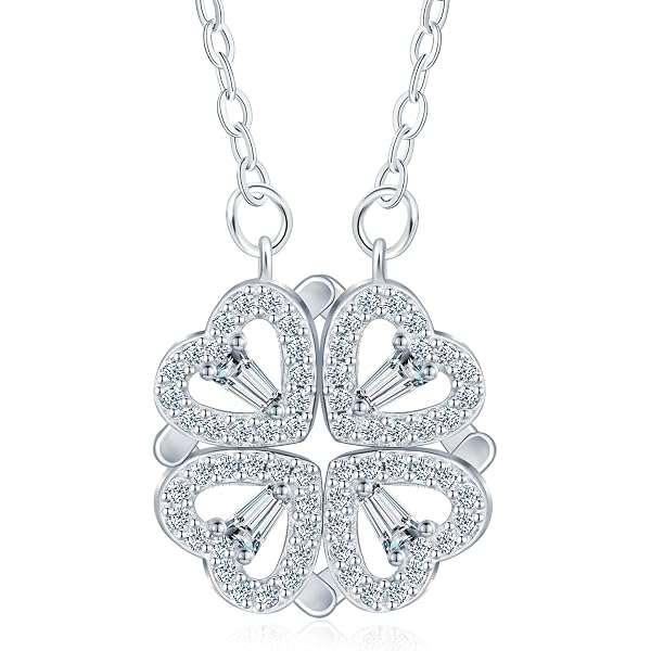 Collana Quadrifoglio In Argento 925 Con Zirconi | Ciondolo Magnetico 2 In 1: Cuore E Quadrifoglio Portafortuna Donna