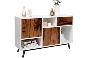 CASART Storage Cabinet, Wooden Storage Cupboard with 3 Doors & 3 Open Units, Modern Floor Standing Buffet TV Sideboard for Living Room, Bedroom, Sturdy, Office (Brown + White + Black, 110 x 35 x 69cm)