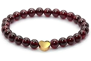 LAKADA Bracelet en grenat véritable pierre précieuse avec perles rondes de 6mm et cœur en acier inoxydable - différentes longueurs - bracelet en pierres précieuses porte-bonheur talisman cadeau