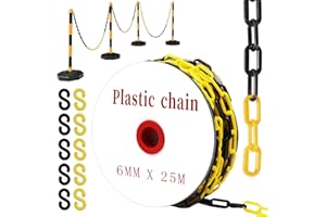 YUJUVI 25m Catena Barriera Plastica Catena di intercettazione Nero e Giallo Catena di Plastica per il Parcheggio con 10 Moschettoni Catena di Avvertimento Alta Visibilità