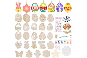 LEMOTOY 264 conejos de madera para pintar, decoración de conejo de Pascua, huevos de Pascua, pollitos de Pascua, juego de manualidades para niños con pompones, pigmentos, polvo dorado, piedras de imitación,