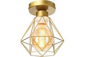 TOKIUS E27 Plafonnier Industriel Suspension Luminaire Vintage Design Lustre Métal Rétro forme Cage Ø160mm éclairage plafond 40W, Doré (1pcs)
