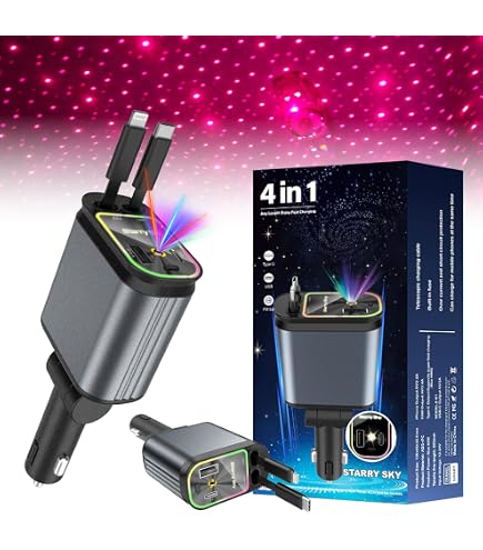 Xmania 4-in-1 Auto-Ladegerät (120 W) – Mit Einziehbaren Kabeln, 2 USB-Anschlüssen & Spannungsanzeige, Für IPhone, Galaxy & Mehr