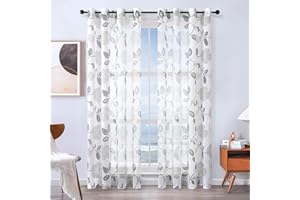 MRTREES Cortina Salon 2 Piezas Cortinas Habitacion Blancas Estampadas Flores Grises con Ojales Lino Efecto 140 x 225 cm Visillos Largos Translucidos para Ventanas Salón Moderno Dormitorio Juvenil