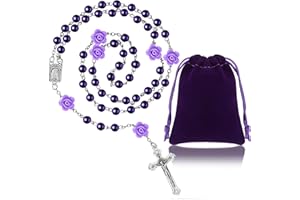Sinmoe Katholische Rosenkranz mit Geschenkbeutel aus Samt zur Erstkommunion Lila Perlenkette mit Kreuz Elegante Rosenkranz Halskette mit Blumen Perlen Christliche Gebetskette für Mädchen Frauen