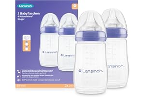 Lansinoh Babyflaschen mit NaturalWave Sauger Gr. M, 240 ml - Doppelpack - neues kompaktes Design für verbesserte Stabilität - mit stapelbarem Deckel