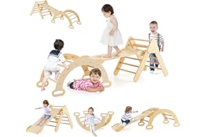 GOPLUS 7 en 1 Triangle Arche Montessori, Arche d'escalade Enfants avec Toboggan Bois,Rampe, Échelle Réglable, Charge 50KG, pour Tout-Petits Bébé 1 Ans+(Naturel)