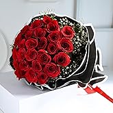 FlowerAura Premium Fresh Live Flower Bouquet of 24 Red Roses In Designer Black Paper Gift For Birthday | Anniversary | Romant