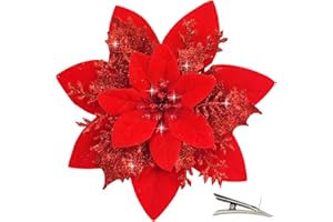 MIKAILE 20 Pezzi Fiori per Albero di Natale con Clip, Fiori Artificiali Natalizi per Decorazioni con Glitter, Fiori di Natale Poinsettia per Decorazioni Natalizie Ghirlanda (Rosso)