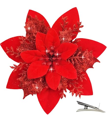 12 Stelle Di Natale Con Brillantini: Fiori Rossi Artificiali Con Clip In Metallo E Steli Per Decorare L'Albero