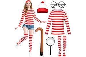 Maryparty Disfraz Halloween Adulto Niña de Rayas Rojas y Blancas, Conjunto Completo con Sombrero y Accesorios para Hombre y Mujer, Tema de Búsqueda