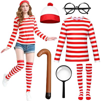 Disfraz Completo De Wally (¿Dónde Está Wally?) Para Adultos - Camiseta A Rayas, Gorro, Gafas Y Bolsa - Tallas S A XXL - Ideal Para Halloween Y Fiestas