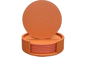 RICHSUM Coasters Set of 6 Soft Leather Drink Coaster Round Coaster with Sewing Around, Suitable for Various Cups, Wooden Tables,Home Decoration,4 Inches (Orange)