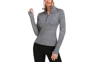 Terecey T-Shirts de Sport Femme à Manches Longues Tee Shirt de Course à Pied 1/4 Zip T Shirt de Compression Thermique Séchage Rapide avec Trous pour Les Pouces Respirant