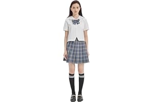 DRGE Women's Girls JK Uniform Suit Japanese School Uniform High Waist Short Plaid Pleated Skirt and Shirt with Calf Socks