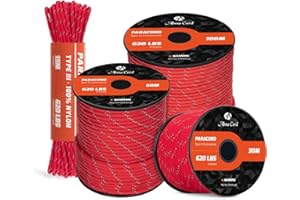 Abma Cord Paracord 4mm 30m 100% Nylon Rope 9 Strands Type III Parachute Cord for DIY, Camping, Survival, Outdoor - Max. 280kg - Reflective Red
