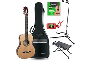Classic Cantabile AS-851 Pack Guitare Classique 3/4 Nature - Cordes en Nylon d'étude - Guitare de concert idéale pour débutants, enfants - Avec accessoires, housse, accordeur et repose-pieds