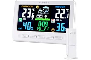 RISEPRO Wireless Wetterstation mit Außenfernbedienung Sensor In Out Temperatur und Luftfeuchtigkeit Wecker Kalender Wettervorhersage Farb-LCD-Display Weiß