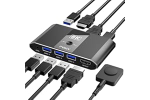 PWAY USB.3.0 HDMI KVM Switch 2 PC 1 Monitor 8K@60Hz Commutateurs KVM pour 2 Ordinateurs Partagent 1 Écrans et 4 Périphériques USB,EDID Adaptive, Plug and Play